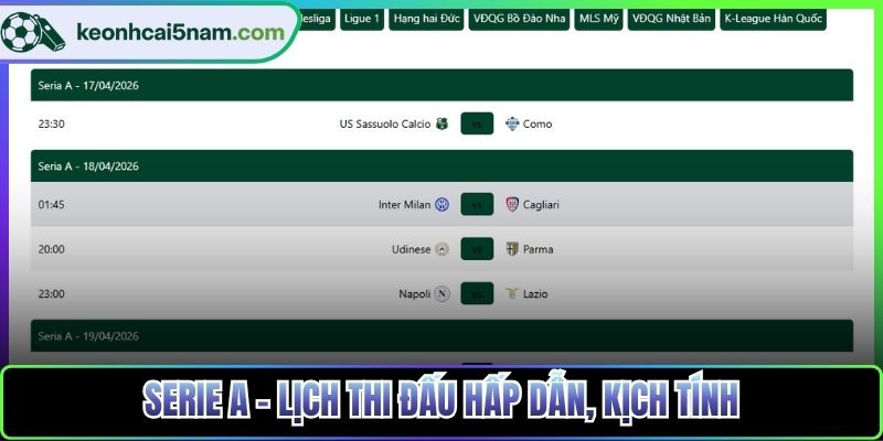 Serie A - Lịch thi đấu hấp dẫn, kịch tính